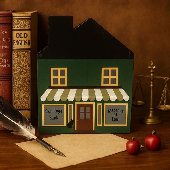 Cat’s Meow Village Vintage Signed 1984 Attorney & Bank Green House Shelf Sitter - Picture 1 of 9